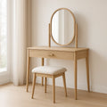 Coiffeuse avec miroir ovale en bois massif et tabouret rembourré(Chêne clair)