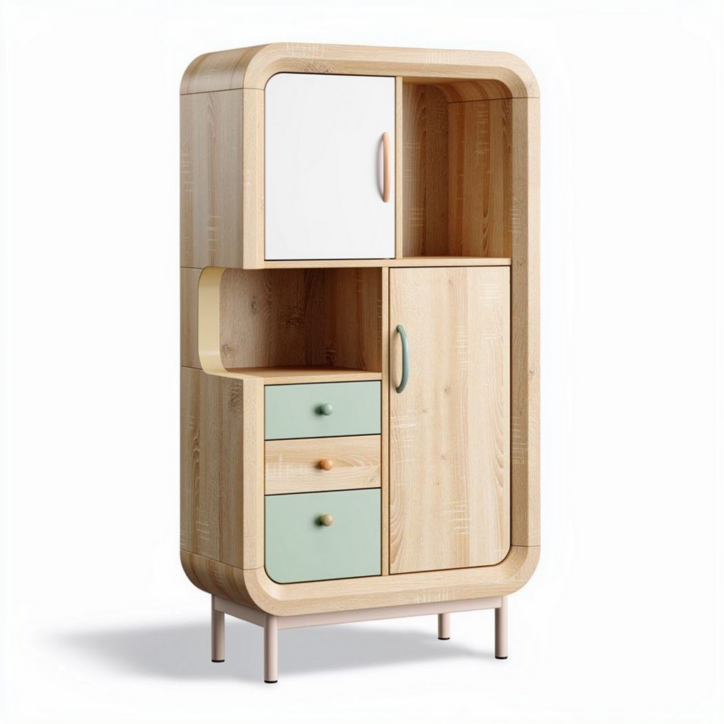 Buffet en bois naturel avec tiroirs et portes en couleurs assorties 120 x 60 x 180cm