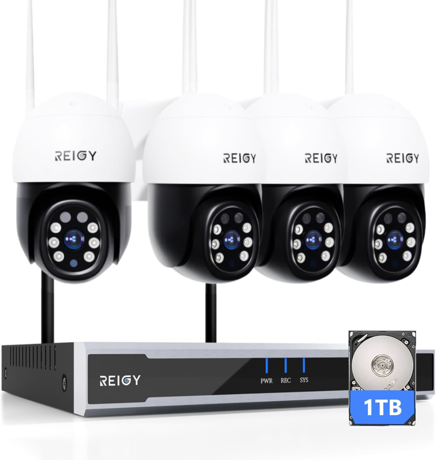 REIGY 5MP Système Surveillance WiFi Exterieure avec 1TB Disque Dur, Kit Camera Videosurveillance 16CH NVR + 4X Camera(2880 * 1620p), Audio Bidirectionnel Vision Nocturne Colorée IP66 Imperméable(White)