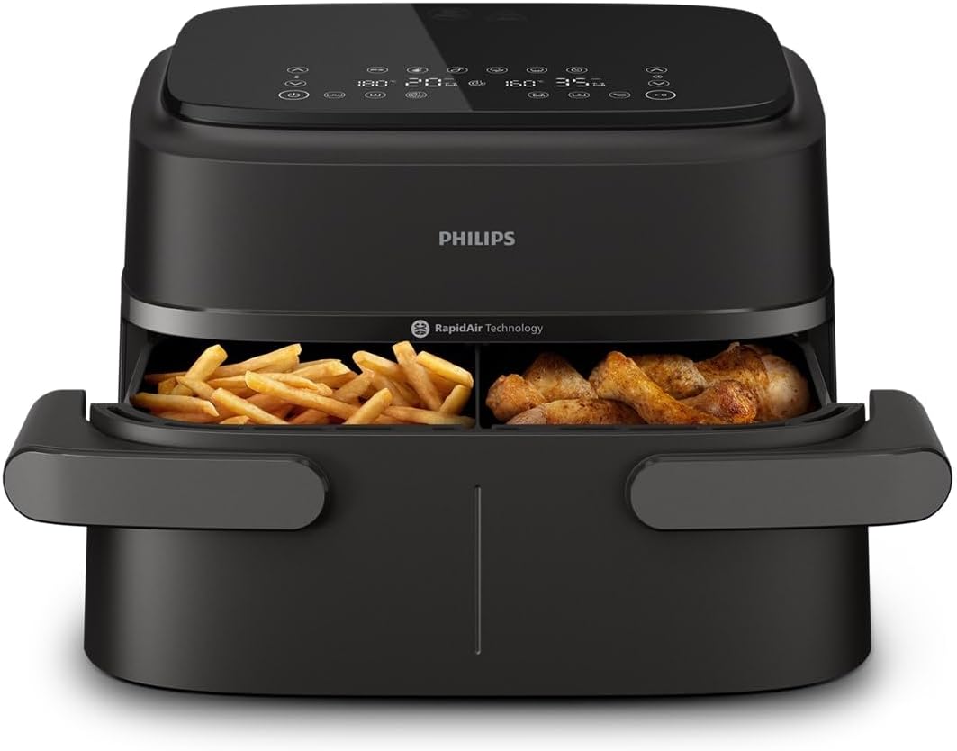 Philips Air Fryer 3000 Series Double Basket - Healthy, Fast and Versatile Cooking, 9 Litre Capacity, Touch Screen, Two Drawer Design (NA350/00)(Flexible drawer (removable divider))