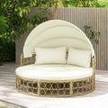 Lit de Repos Rond pour Patio avec Auvent Rétractable Ensemble de Siège Sectionnels Séparés en Rotin PE avec Coussins Doux Blanc(Default Title)