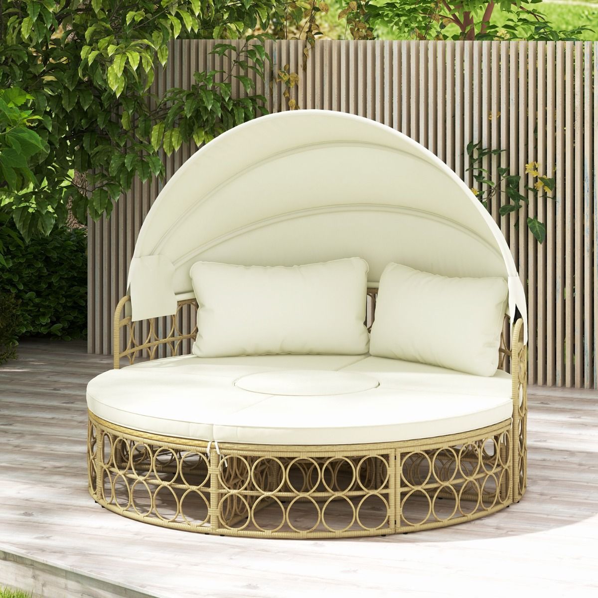 Lit de Repos Rond pour Patio avec Auvent Rétractable Ensemble de Siège Sectionnels Séparés en Rotin PE avec Coussins Doux Blanc(Default Title)