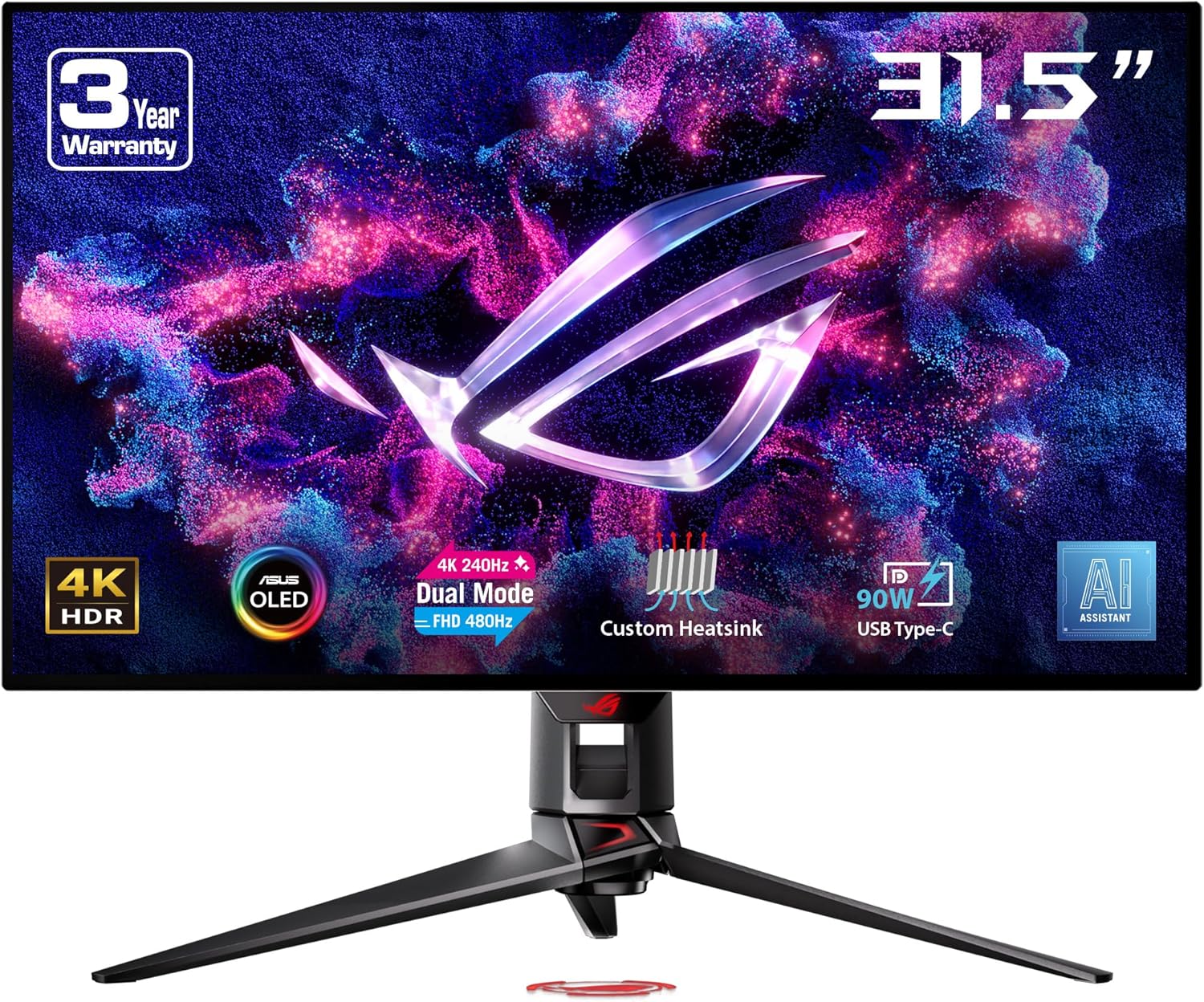 ROG Swift OLED PG32UCDP 32, 4K 240Hz ou FHD 480Hz, 0,03 ms (GTG), G-Sync, dissipateur Thermique, ASUS OLED Care, AI Assistant, DisplayHDR 400 True Black, 99 pour cent DCI-P3, 10 Bits, Type-C 90W PD(Noir)