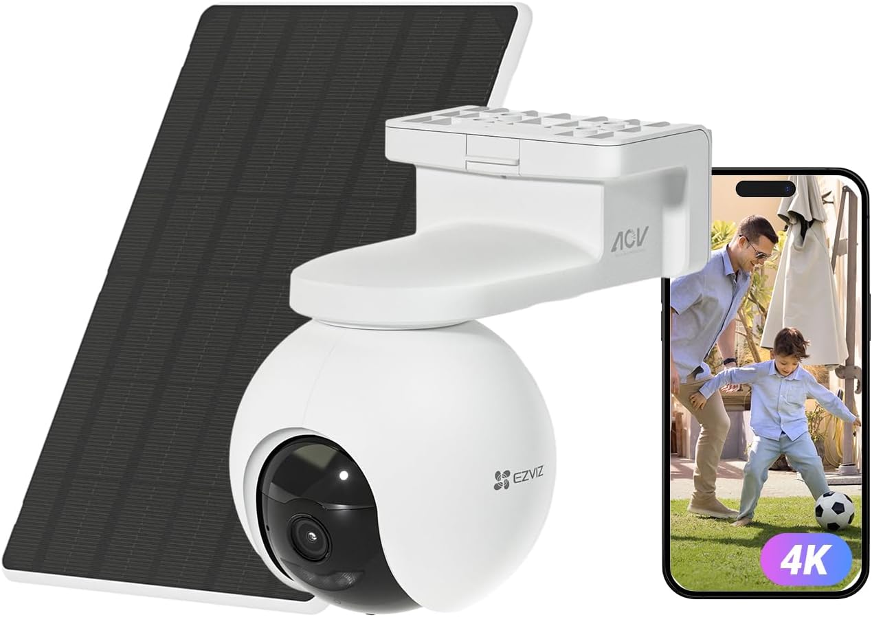 EZVIZ 4K(8MP) Caméra Surveillance WiFi Extérieure sans Fil + 5W Panneau Solaire, Détection de Personnes/Véhicules, Caméra Solaire Extérieure 360°, Mode AOV, Défense Active, CB8 Pro 4K Kit(Blanc)