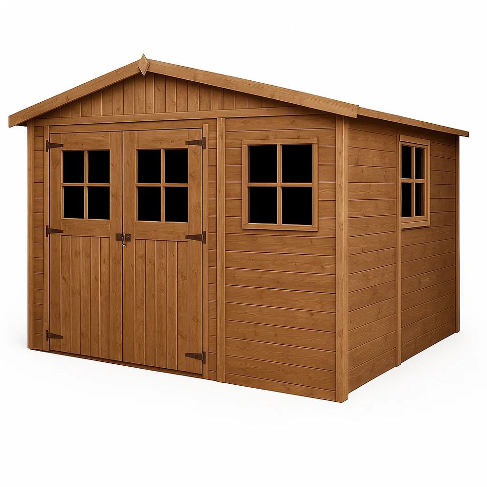 Abri de jardin en bois avec double porte, fenêtres vitrées et toit en pente(Bois clair)