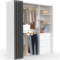 IDMarket - Dressing extensible MARTY 120/170 x 50 x 180 cm blanc avec 3 tiroirs + étagères + double penderie + rideau gris(Blanc/Gris)