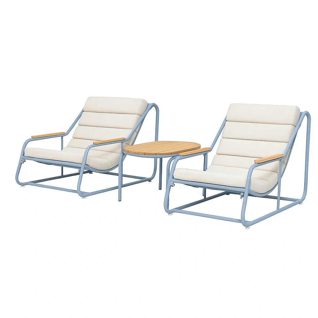 Ensemble de mobilier de jardin avec 2 chaises et une table ronde en métal et bois beige(Bleu/Beige/Bois Clair)