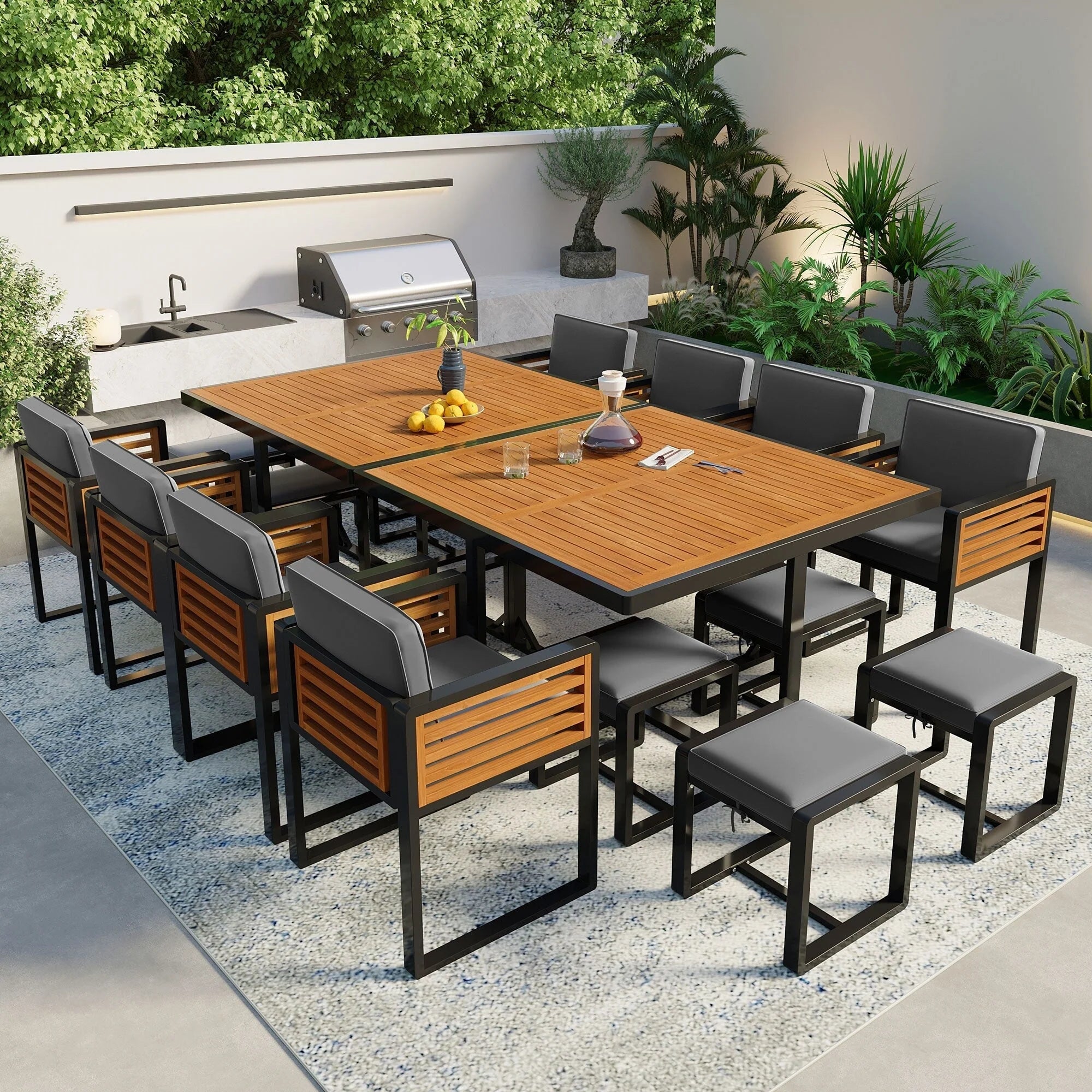 18-Pieces Acacia Wood Patio Dining Set, 8 Cushioned Chairs  8 Ottomans  2 Square Table(Grey)