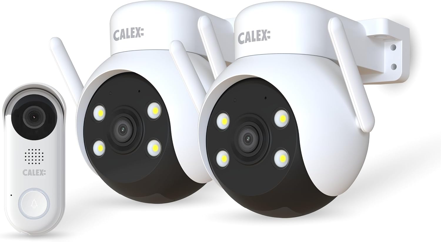 CALEX Smart Security kit de démarrage extérieur, 2 caméra extérieure PTZ 2K + Sonnette vidéo avec Audio bidirectionnel, Full HD(Blanc)