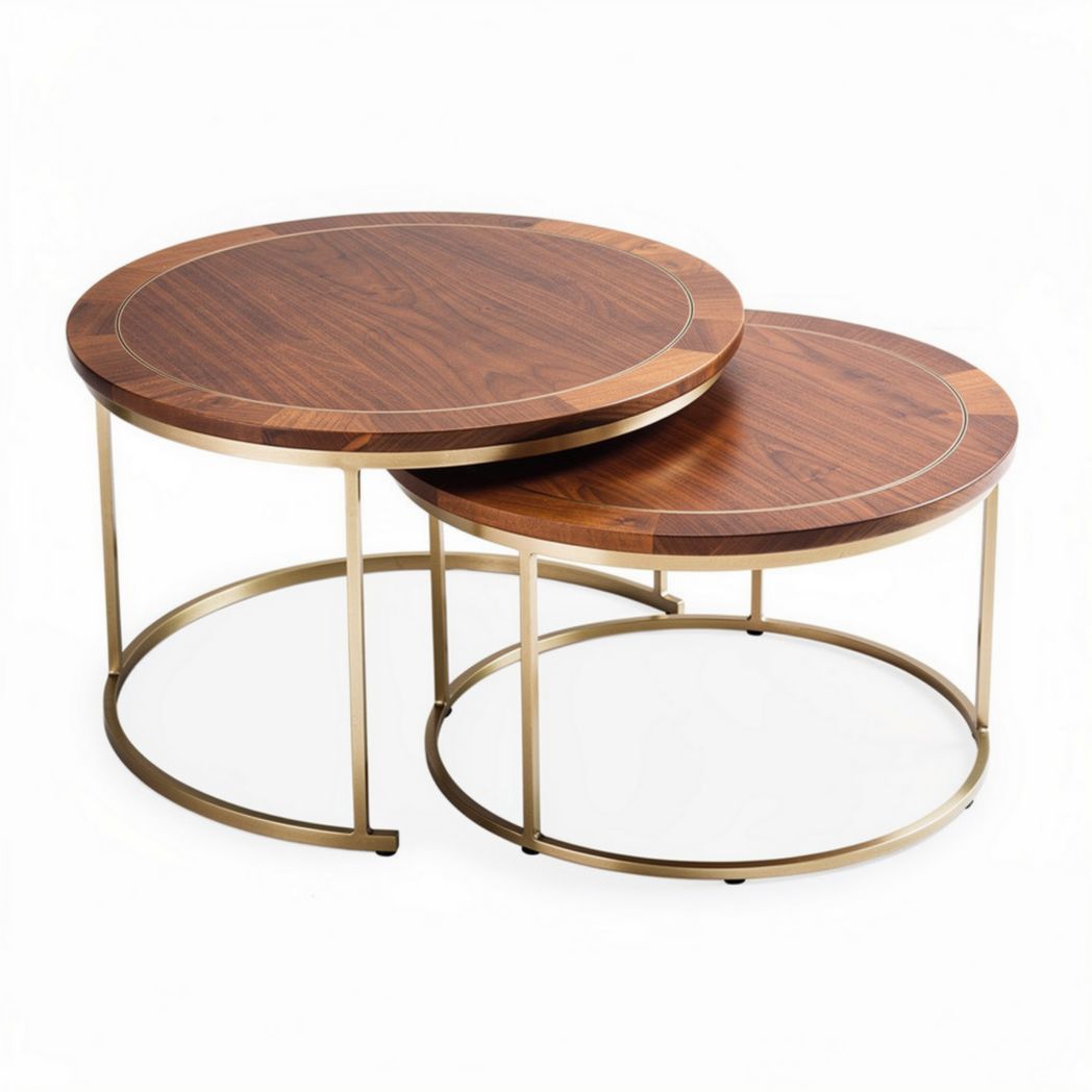 Tables basses rondes en bois de noyer avec piètement en métal doré 60 x 60 x 40cm