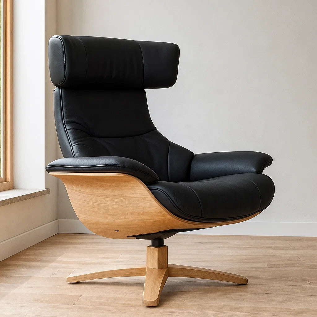 Fauteuil pivotant cuir noir base chêne(Noir/Chêne clair)