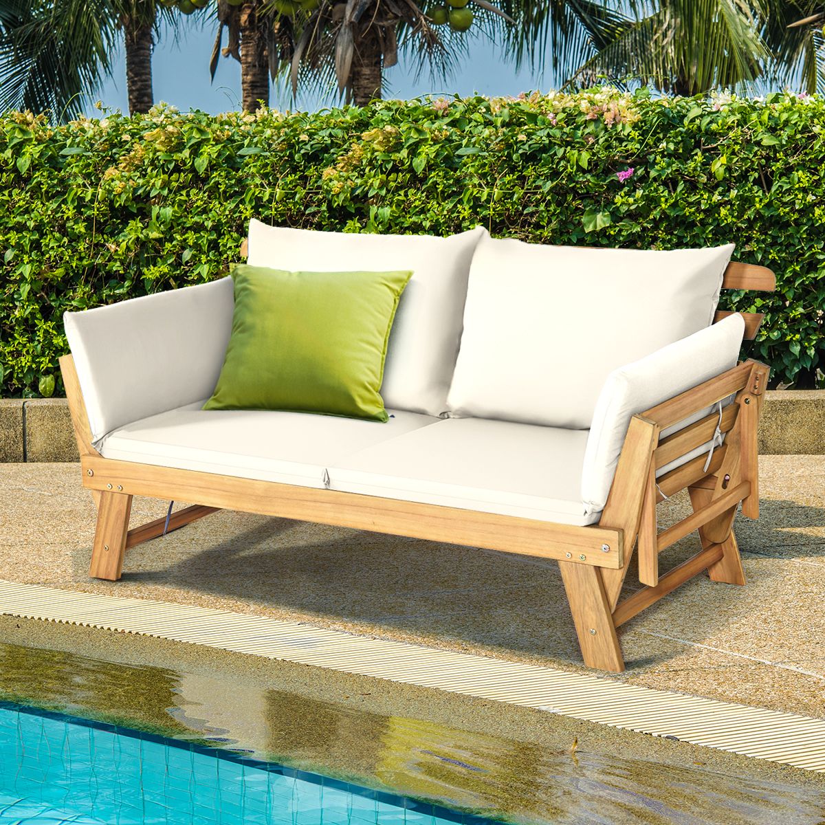 Chaise Longue Convertible avec Coussin Canapé de Jardin 2 en 1 en Bois d’Acacia avec Accoudoir Réglable pour Patio Piscine Jardin Blanc/Gris/Bleu/Rouge(Blanc)