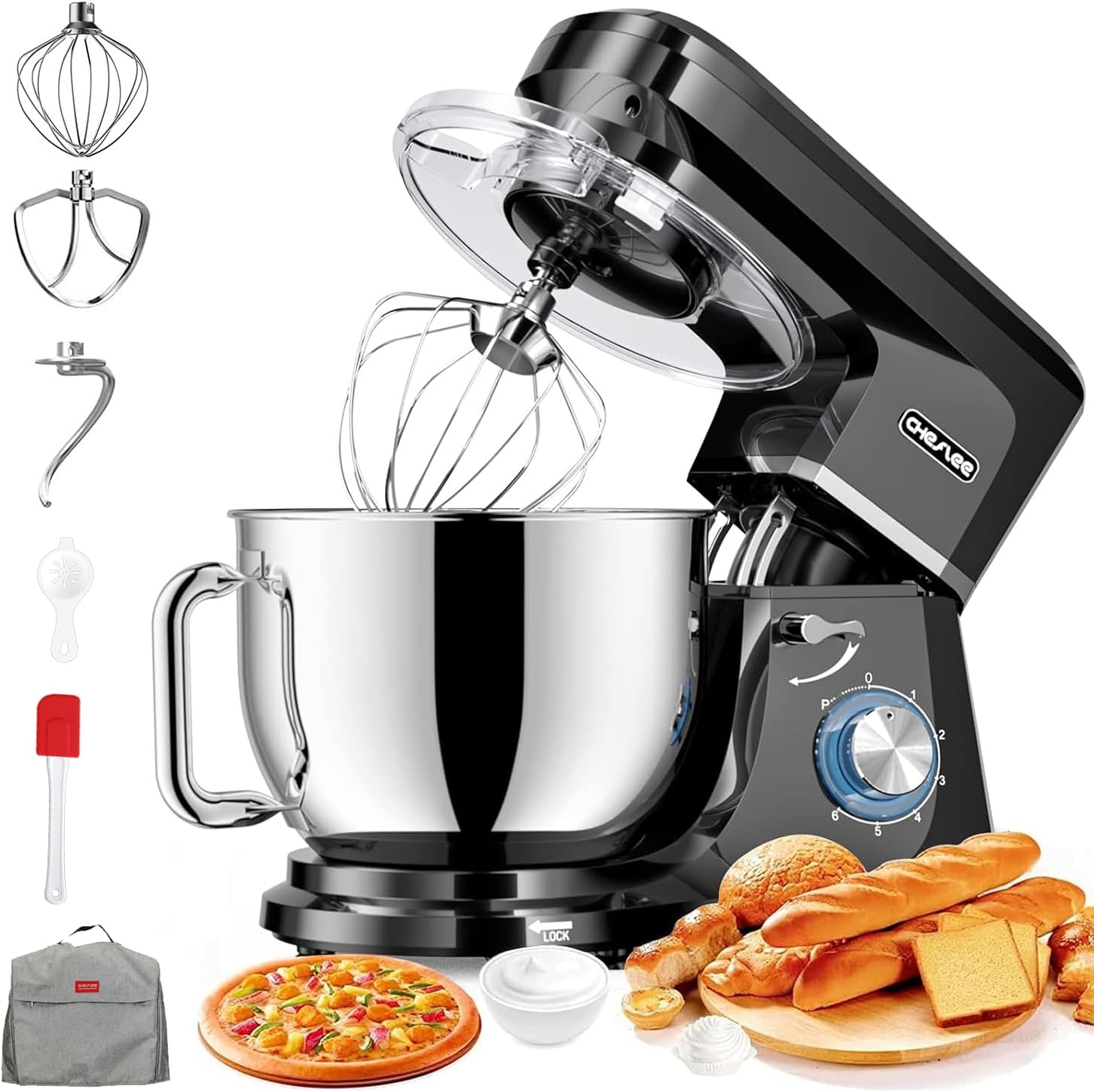 CHeflee 1800W Professional Kitchen Mixer 7.2 Litres Low Noise Multifunctional Kitchen Robot with Whisk, Beater, Hook, Stainless Steel Bowl, Dust Cover, 6 Speeds(Black)