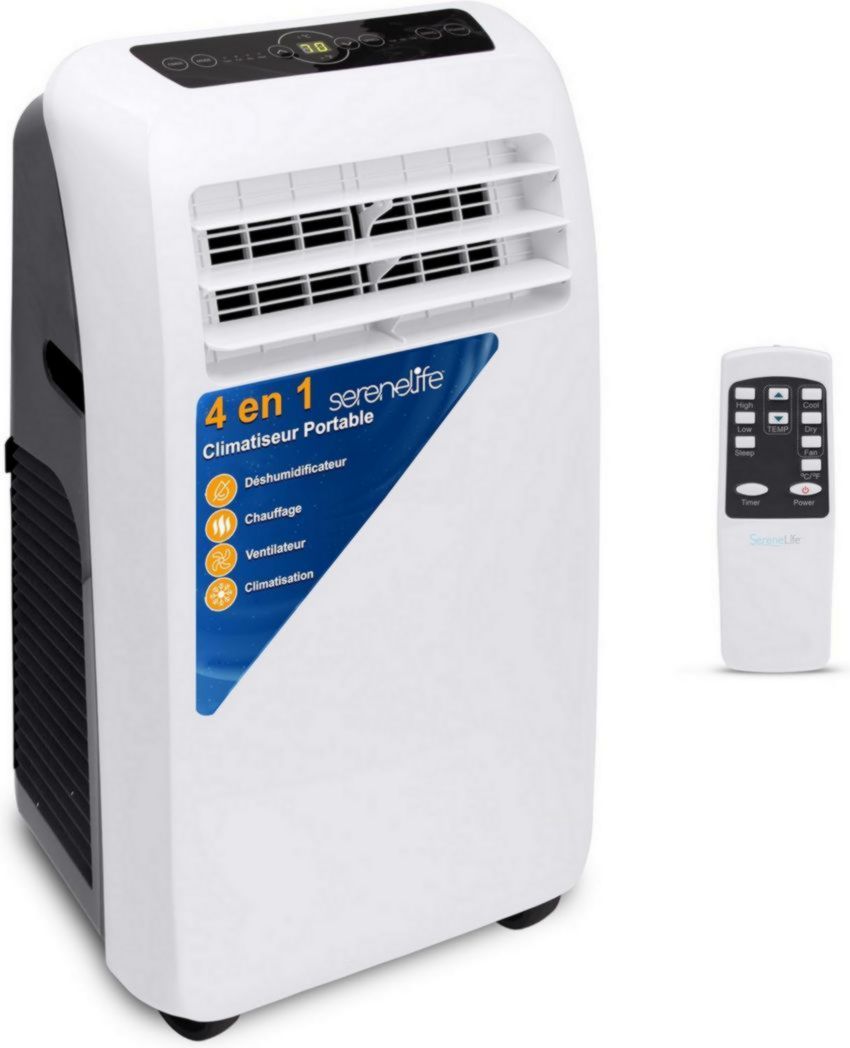 Climatiseur portatif silencieux SereneLife, 9 000 BTU, 3 en 1, avec déshumidificateur intégré, mode ventilateur, télécommande, kit d'extraction complet pour fenêtre, blanc(Blanc./12)