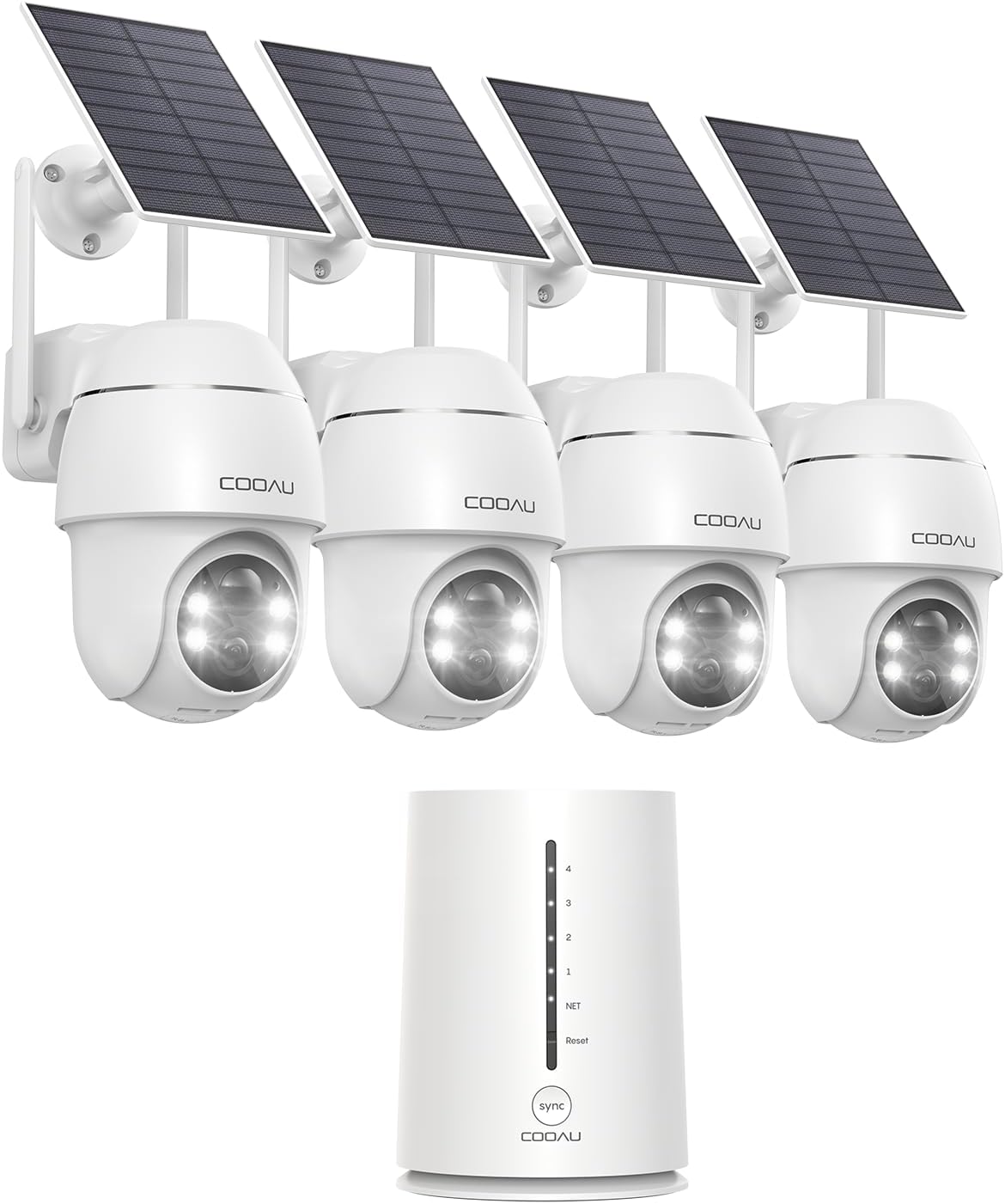 COOAU 4MP Camera Surveillance WiFi exterieure sans Fil - 365 Jours avec Panneau Solaire - Base + 4 Caméras - 2.5K | 64 Go Stockage Local | 360° Panoramique | Zéro frais mensuel | Compatible avec Alexa(Blanc)