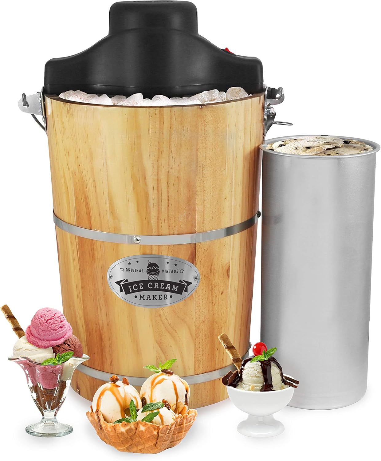 Elite Gourmet EIM916 Sorbetière électrique vintage en bois des Appalaches, 5,7 L, avec manivelle moulée sous pression, préparation de crème glacée avec sel gemme en quelques minutes, pin(FR)