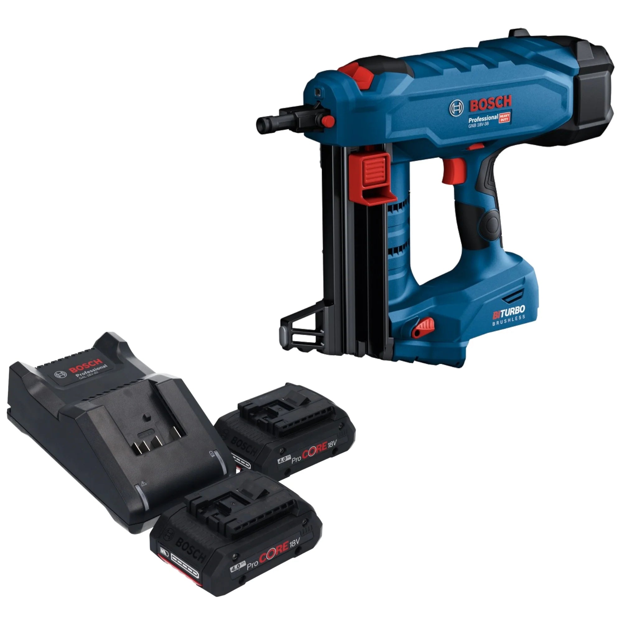 Cloueur à béton sans fil Bosch GNB 18V-38 Professional 18 V 13 - 38 mm BITURBO brushless + 2x batterie ProCORE 4,0 Ah + chargeur(défaut)